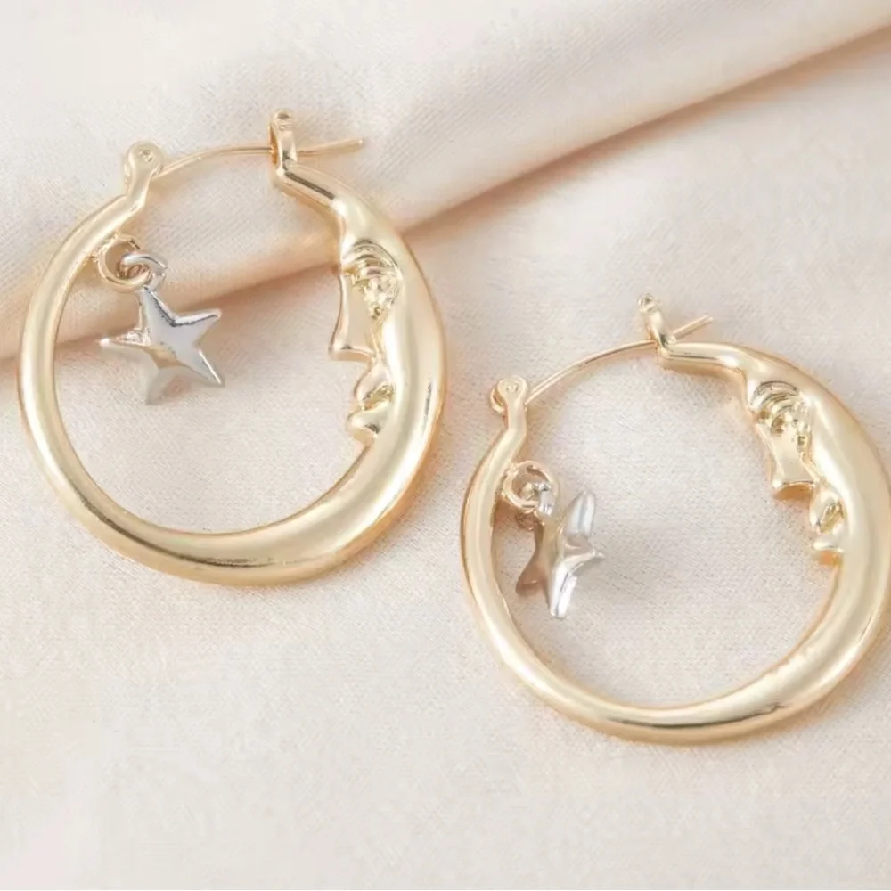 Moon Gold Hoop Earrings with Silver Star Charm - Picture 5 of 6